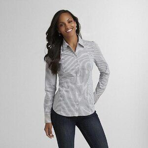 Attention Women's Button-Down Long-Sleeve Woven, Small, White Striped
